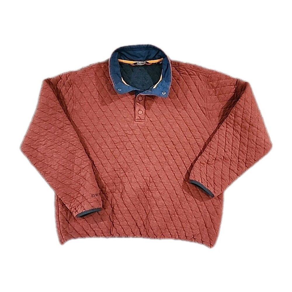 Orvis Pullover Mens Large Red Quilted Snap Collar Sweatshirt Logo Trim
